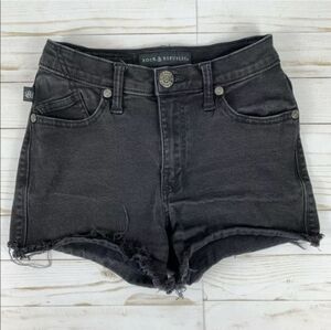Rock & Republic Black Cutoff Frayed Denim Jean Shorts w/ Winged Skull Lapel Pin